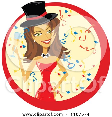 Clipart Happy Caucasian New Years Woman In A Top Hat And Red Dress Holding Champagne In A Circle Of Confetti - Royalty Free Vector Illustration by Amanda Kate