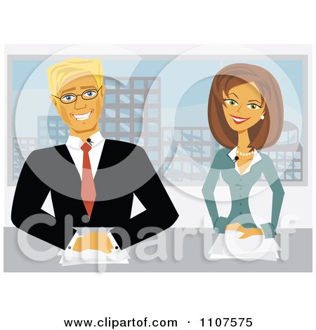 Clipart Happy Male And Female Newscasters Seated At Their Desk - Royalty Free Vector Illustration by Amanda Kate