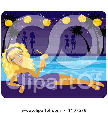Clipart  Relaxed Blond Woman Drinking A Cocktail By A Pool At Night With Others In The Background - Royalty Free Vector Illustration by Amanda Kate