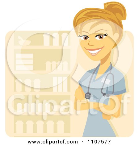 Clipart Happy Female Nurse With Folded Arms And Medicine Shelves - Royalty Free Vector Illustration by Amanda Kate