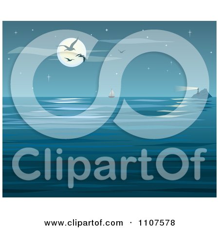 Clipart Gulls Flying Against A Full Moon Over A Lighthouse And Ocean - Royalty Free Vector Illustration by Amanda Kate