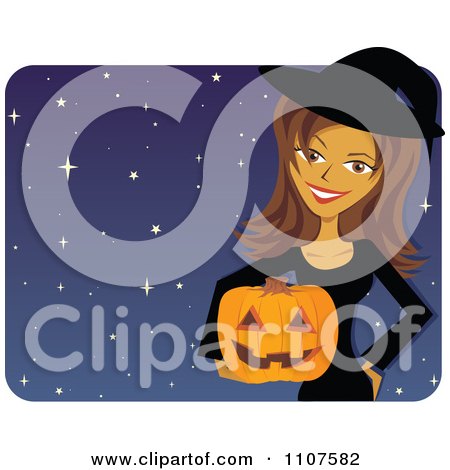 Clipart Happy Brunette Woman In A Halloween Witch Costume Holding A Pumpkin Over Stars - Royalty Free Vector Illustration by Amanda Kate