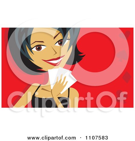 Clipart Smiling Black Haired Woman Playing Poker Over Red - Royalty Free Vector Illustration by Amanda Kate