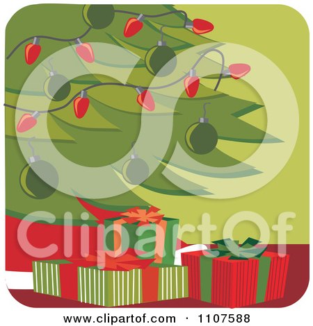 Clipart Wrapped Presents Under A Christmas Tree On Green - Royalty Free Vector Illustration by Amanda Kate
