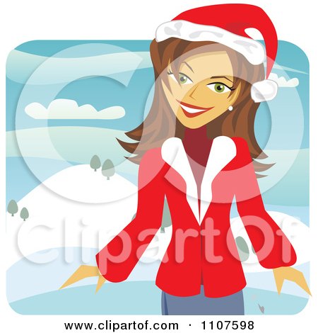 Clipart Happy Brunette Woman In A Christmas Jacket And Hat Outdoors - Royalty Free Vector Illustration by Amanda Kate
