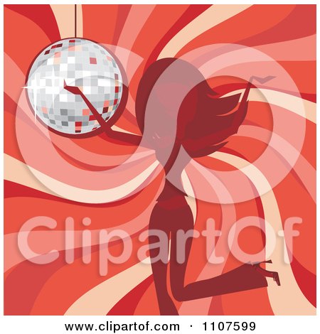 Clipart Woman Dancing Over A Red Swirl And A Disco Ball - Royalty Free Vector Illustration by Amanda Kate