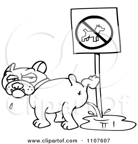 Clipart Outlined Bulldog Peeing On A No Dogs Sign - Royalty Free Vector Illustration by gnurf