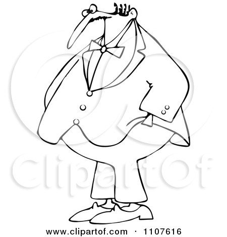 Clipart Outlined Chubby Man Wearing A Bowtie And Standing With His Hands In His Pockets - Royalty Free Vector Illustration by djart