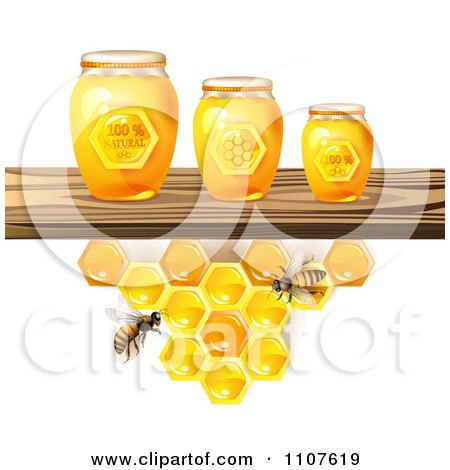 Clipart Bees And Honeycombs Under A Shelf With Jars - Royalty Free Vector Illustration by merlinul