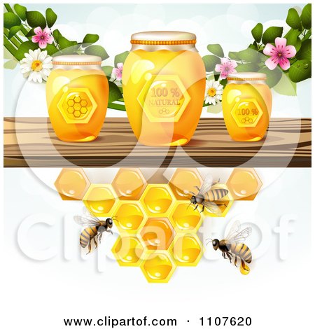 Clipart Bees And Honeycombs Under A Shelf With Jars And Blossoms - Royalty Free Vector Illustration by merlinul