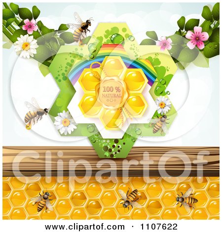 Clipart Bees And Honeycombs With Flowers And Natural Label - Royalty Free Vector Illustration by merlinul