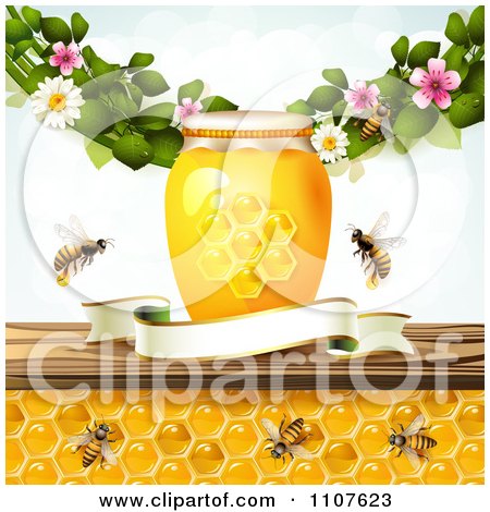 Clipart Bees And Honeycombs Under A Shelf With A Jars Blossoms And Blank Banner - Royalty Free Vector Illustration by merlinul