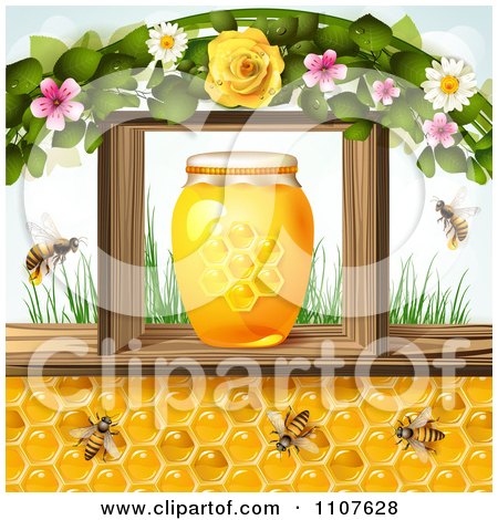Clipart Bees And Honeycombs Under A Jar In A Frame With Flowers And Grass - Royalty Free Vector Illustration by merlinul