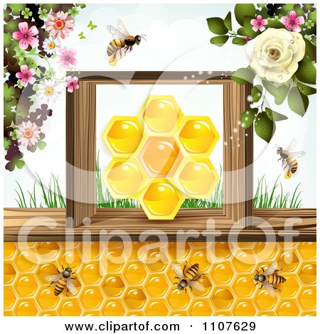 Clipart Bees And Honeycombs With Flowers 2 - Royalty Free Vector Illustration by merlinul