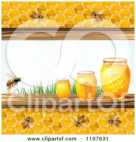 Clipart Bees And Honeycombs Bordering Three Jars And Grass - Royalty Free Vector Illustration by merlinul