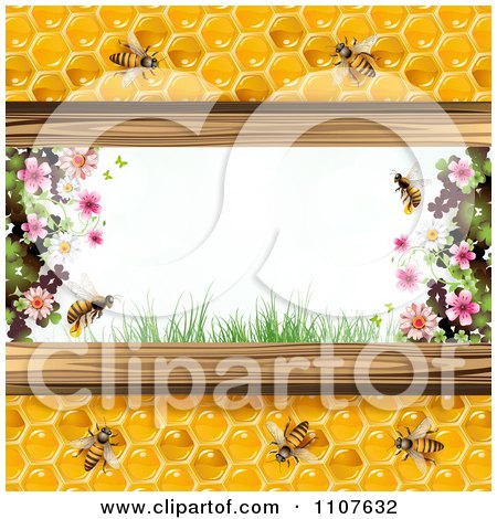 Clipart Bees And Honeycombs With Flowers 3 - Royalty Free Vector Illustration by merlinul