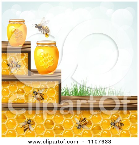 Clipart Bee And Honeycomb Steps With Jars Grass And Sky - Royalty Free Vector Illustration by merlinul
