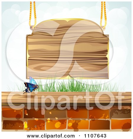 Clipart Butterfly And Brick Background With A Wood Sign - Royalty Free Vector Illustration by merlinul