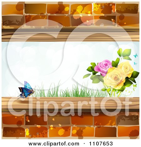 Clipart Butterfly And Brick Background With Roses 2 - Royalty Free Vector Illustration by merlinul