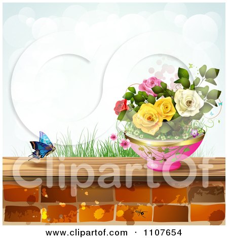 Clipart Butterfly And Brick Background With Roses 3 - Royalty Free Vector Illustration by merlinul
