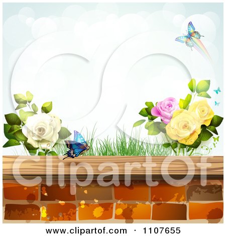 Clipart Butterfly And Brick Background With Roses 4 - Royalty Free Vector Illustration by merlinul