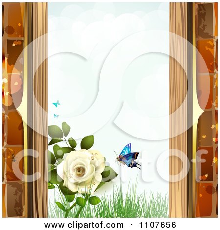 Clipart Butterfly And Brick Background With Roses 5 - Royalty Free Vector Illustration by merlinul