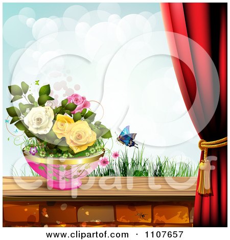 Clipart Butterfly And Brick Background With Drapes And Roses 4 - Royalty Free Vector Illustration by merlinul