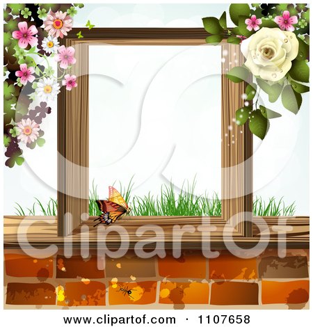 Clipart Butterfy In A Wooden Frame With Grass Blossoms And A Rose Over Bricks - Royalty Free Vector Illustration by merlinul