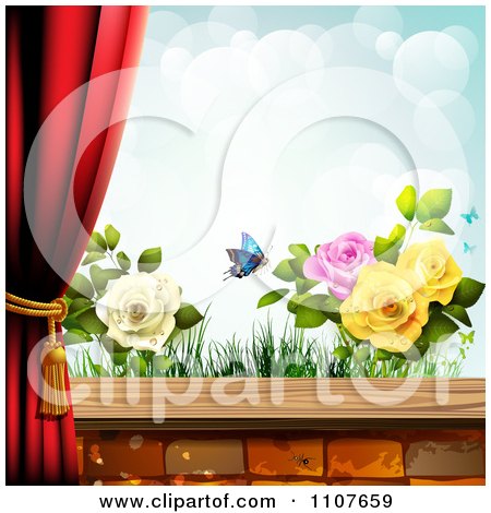 Clipart Butterfly And Brick Background With Drapes And Roses 2 - Royalty Free Vector Illustration by merlinul