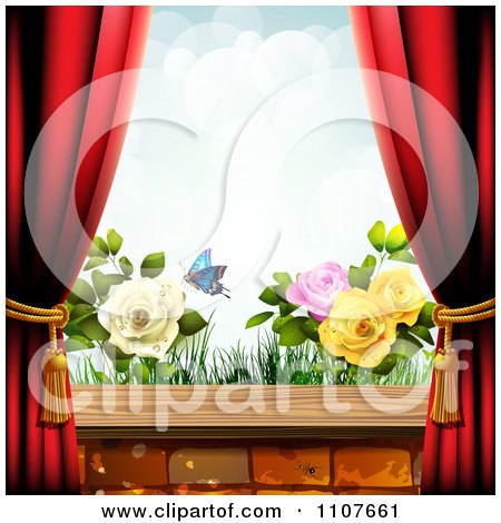 Clipart Butterfly And Brick Background With Drapes And Roses 1 - Royalty Free Vector Illustration by merlinul