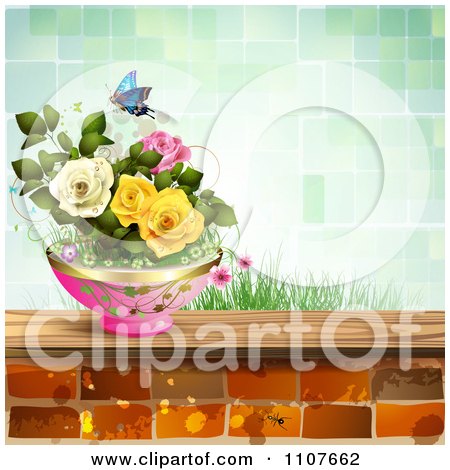 Clipart Butterfly And Brick Background With Roses 8 - Royalty Free Vector Illustration by merlinul