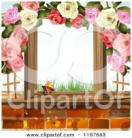 Clipart Butterfly And Brick Background With Roses 7 - Royalty Free Vector Illustration by merlinul