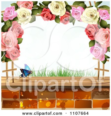 Clipart Butterfly And Brick Background With Roses 6 - Royalty Free Vector Illustration by merlinul