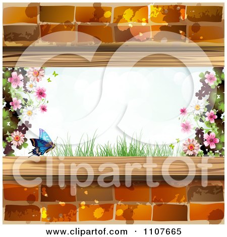 Clipart Butterfly And Brick Background With Blossoms 1 - Royalty Free Vector Illustration by merlinul