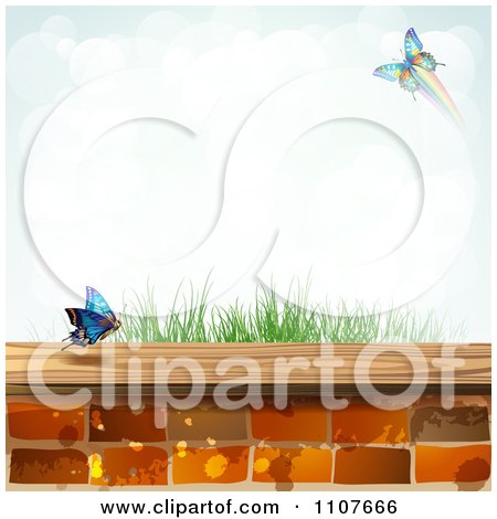 Clipart Butterfly And Brick Background With Grass - Royalty Free Vector Illustration by merlinul