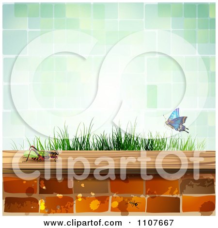 Clipart Butterfly And Brick Background With A Cricket And Green Tiles - Royalty Free Vector Illustration by merlinul