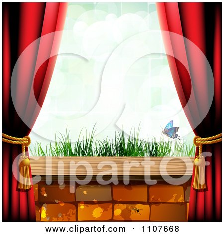 Clipart Butterfly And Brick Background With Drapes And Grass - Royalty Free Vector Illustration by merlinul
