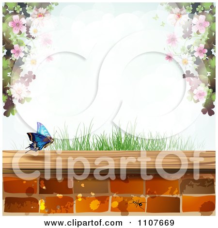 Clipart Butterfly And Brick Background With Blossoms 2 - Royalty Free Vector Illustration by merlinul