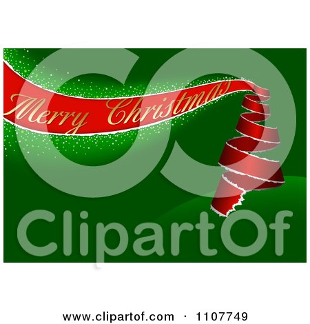 Clipart Red Merry Christmas Greeting Ribbon Forming A Tree On Green - Royalty Free Vector Illustration by dero