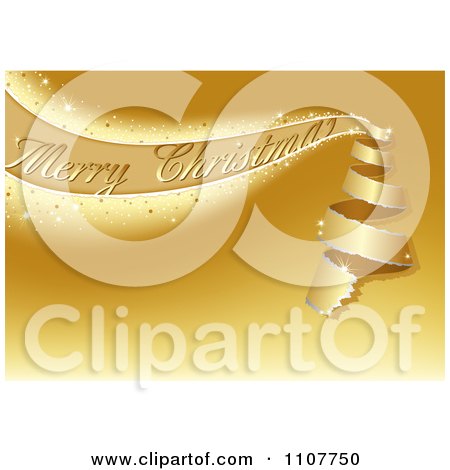 Clipart Merry Christmas Greeting Ribbon Forming A Tree On Gold - Royalty Free Vector Illustration by dero