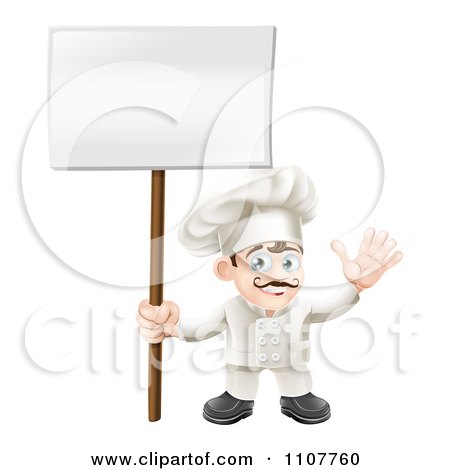 Clipart Happy Waving Chef Holding A Sign On A Post - Royalty Free Vector Illustration by AtStockIllustration