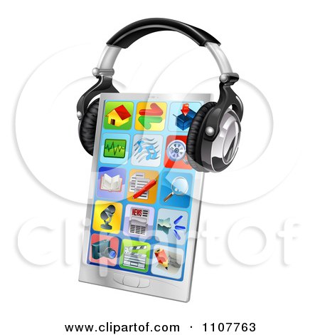Clipart 3d Touch Screen Smart Phone With App Icons And Headphones - Royalty Free Vector Illustration by AtStockIllustration