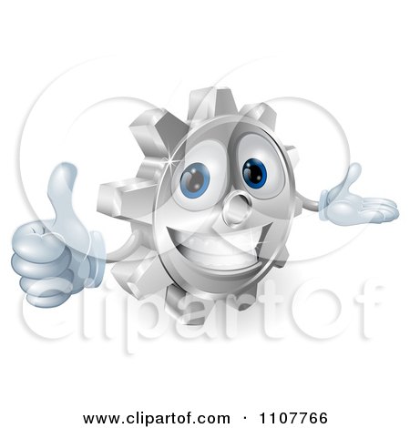 Clipart 3d Smiling Gear Cog Holding A Thumb Up - Royalty Free Vector Illustration by AtStockIllustration