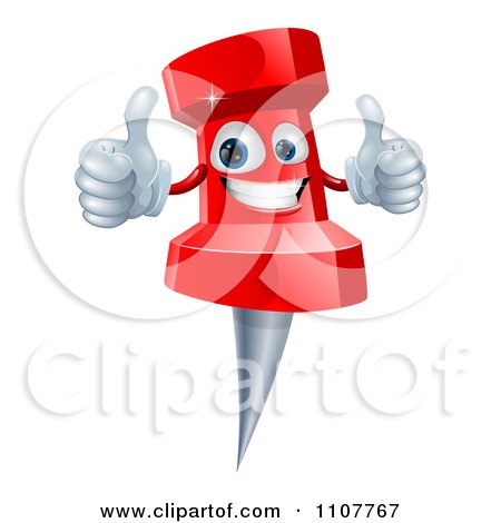 Clipart 3d Happy Red Push Pin Mascot Holding Two Thumbs Up - Royalty Free Vector Illustration by AtStockIllustration