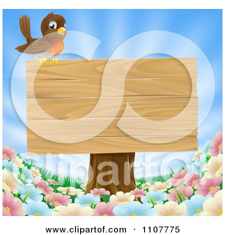 Clipart Robin Perched On A Blank Wood Sign On A Tree Stump Over Spring Flowers - Royalty Free Vector Illustration by AtStockIllustration
