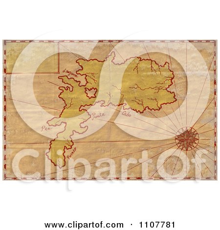 Clipart Grungy Aged Map Of An Island With A Compass Star - Royalty Free Illustration by patrimonio