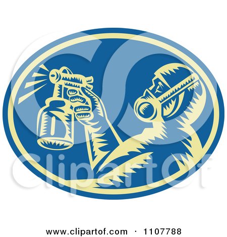 Clipart Retro Woodcut Painter Using A Spray Gun In A Blue Oval - Royalty Free Vector Illustration by patrimonio