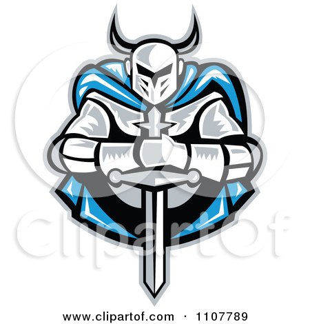 Clipart Retro Woodcut Knight Holding A Sword And Wearing A Blue Cape - Royalty Free Vector Illustration by patrimonio