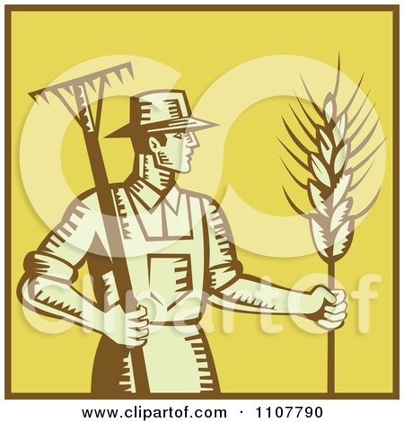 Clipart Retro Woodcut Styled Farmer With A Rake And Wheat Over Yellow With A Brown Border - Royalty Free Vector Illustration by patrimonio