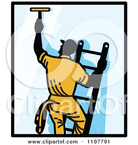 Clipart Window Washer On A Ladder Reaching Up And Using A Squeegee With Black Borders - Royalty Free Vector Illustration by patrimonio